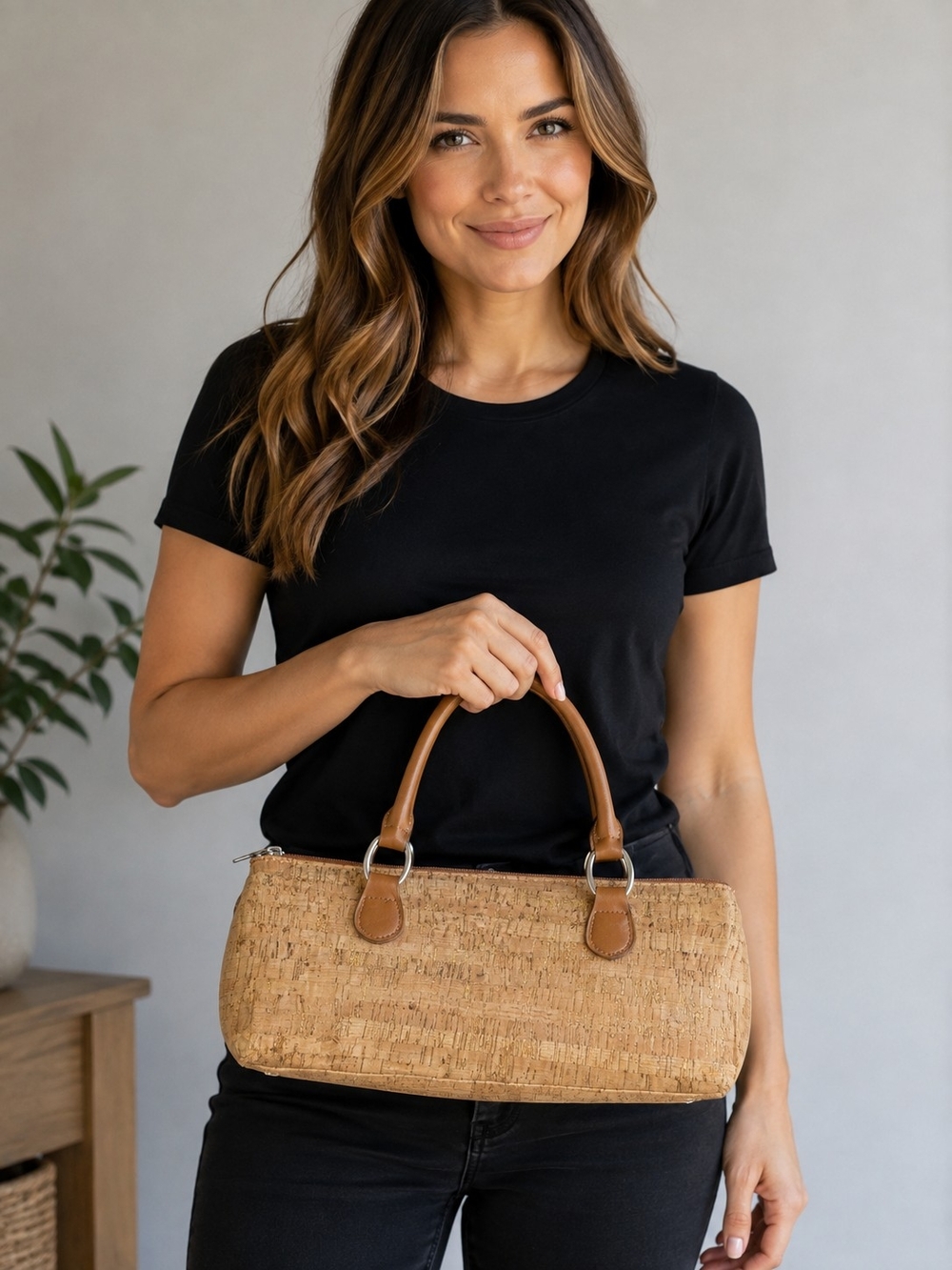 Primeware Insulatef Cork Mini Top-Handle Bag in Tan with Brown Trim, Excellent